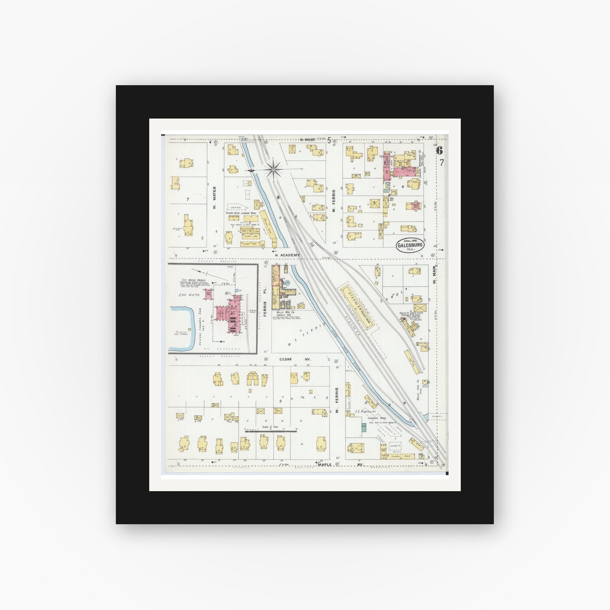 Old map wall art mockup — black gallery frame with white mat — Sanborn Fire Insurance Map from Galesburg, Knox County, Illinois (1906), Sheet #0006