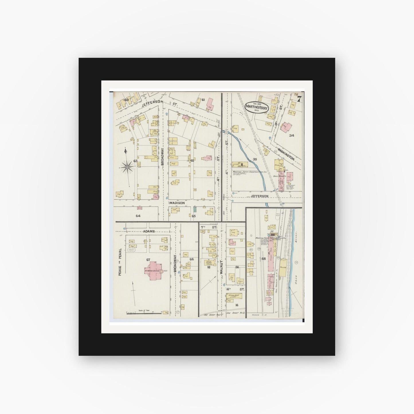 Old map wall art mockup — black gallery frame with white mat — Sanborn Fire Insurance Map from Martins Ferry, Belmont County, Ohio (1890), Sheet #0007