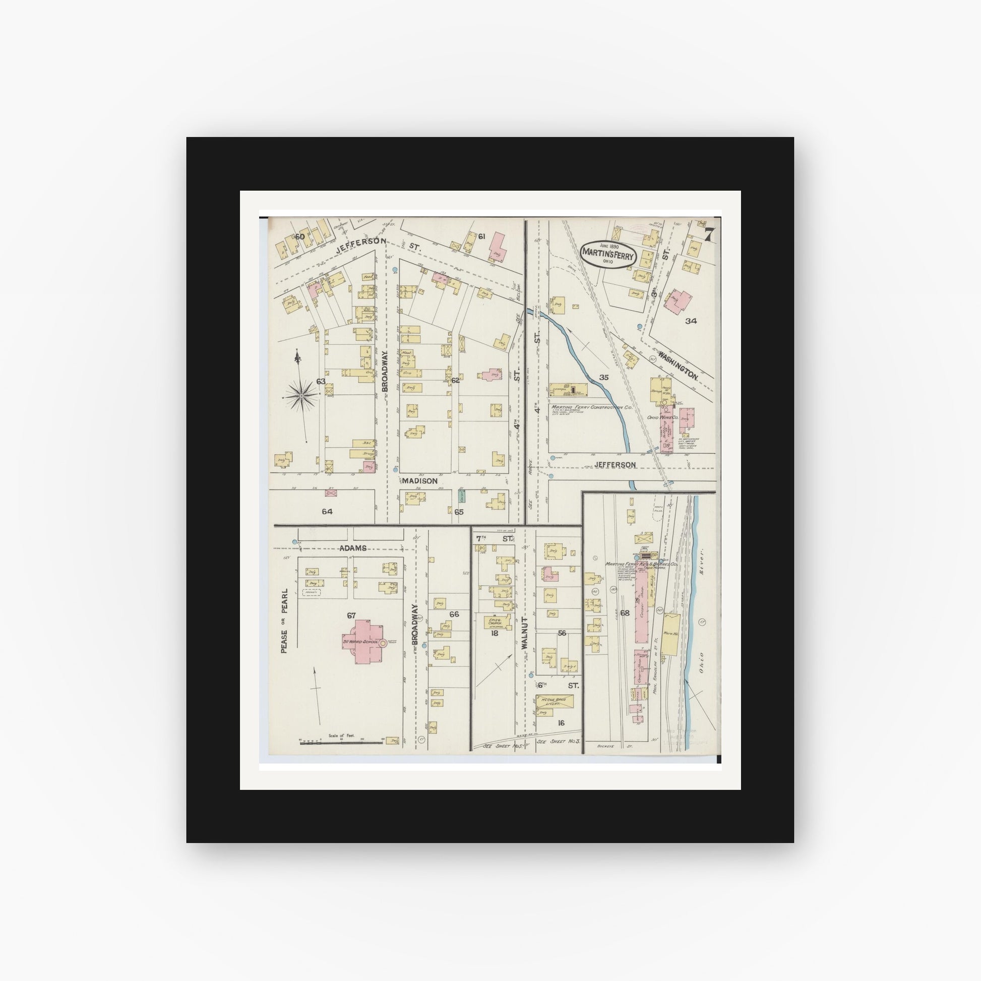Old map wall art mockup — black gallery frame with white mat — Sanborn Fire Insurance Map from Martins Ferry, Belmont County, Ohio (1890), Sheet #0007