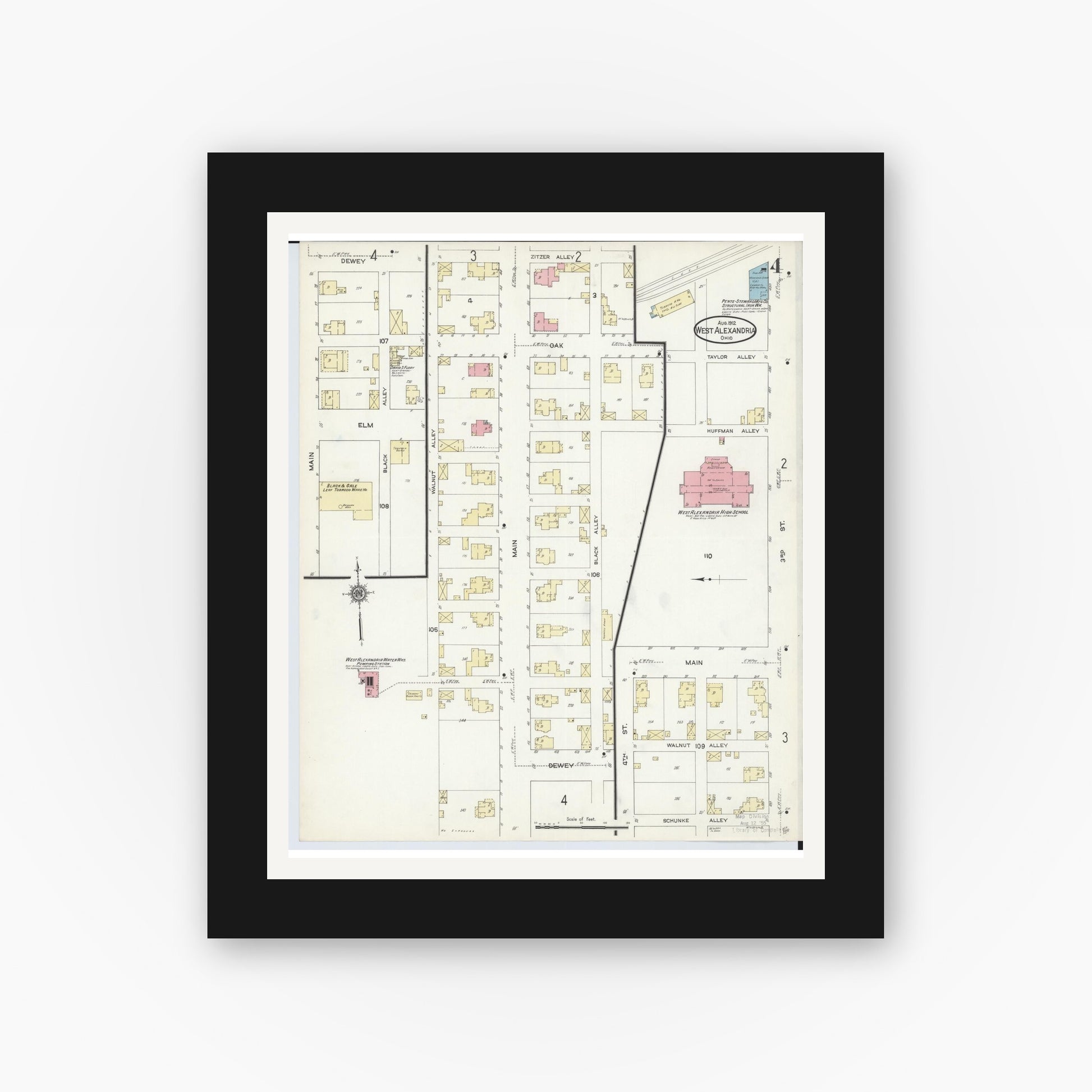 Old map wall art mockup — black gallery frame with white mat — Sanborn Fire Insurance Map from West Alexandria, Preble County, Ohio (1912), Sheet #0004