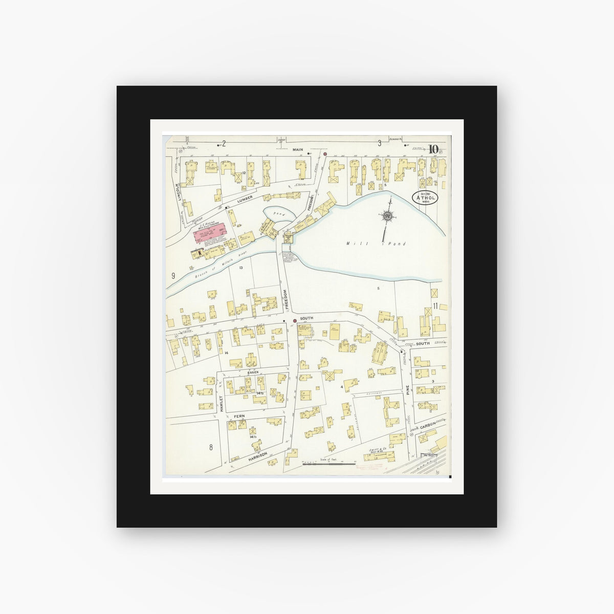 Old map wall art mockup — black gallery frame with white mat — Sanborn Fire Insurance Map from Athol, Worcester County, Massachusetts (1911), Sheet #0010