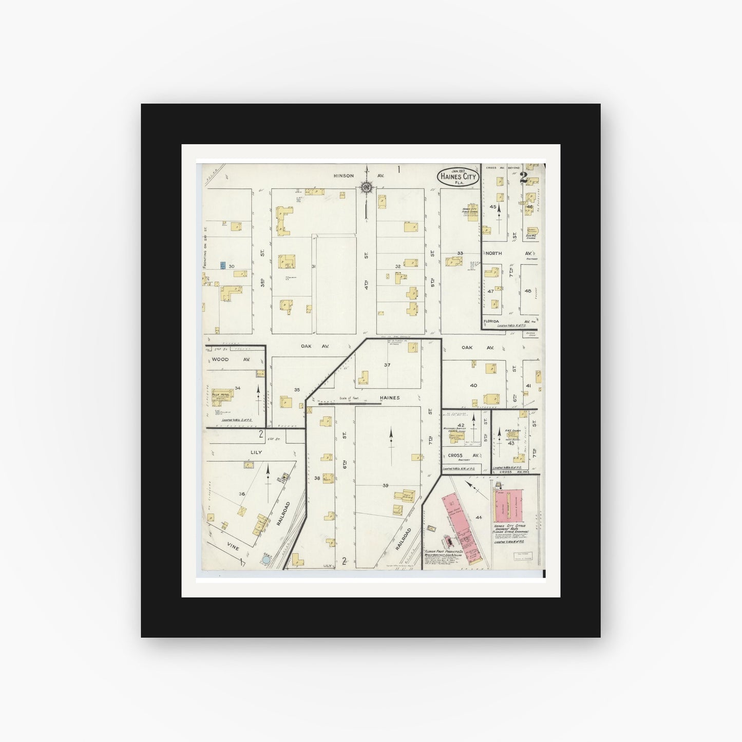 Old map wall art mockup — black gallery frame with white mat — Sanborn Fire Insurance Map from Haines City, Polk County, Florida (1917), Sheet #0002