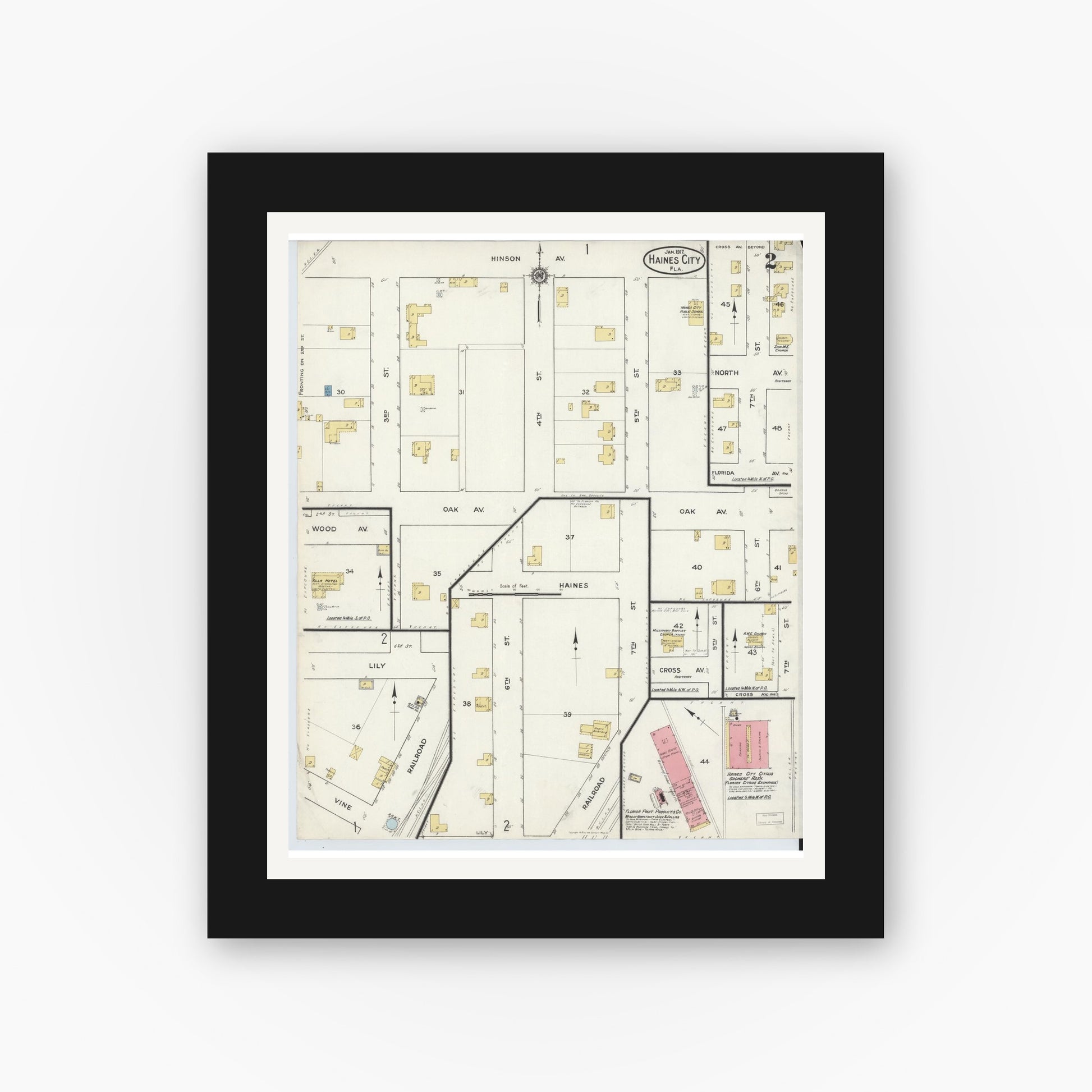 Old map wall art mockup — black gallery frame with white mat — Sanborn Fire Insurance Map from Haines City, Polk County, Florida (1917), Sheet #0002