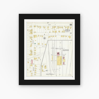 Old map wall art mockup — black gallery frame with white mat — Sanborn Fire Insurance Map from Texarkana, Bowie County, Texas (1905), Sheet #0028