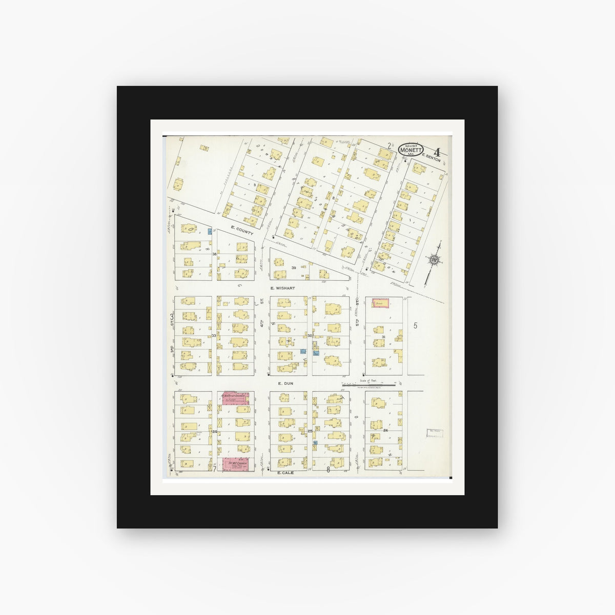 Old map wall art mockup — black gallery frame with white mat — Sanborn Fire Insurance Map from Monett, Barry County, Missouri (1917), Sheet #0004