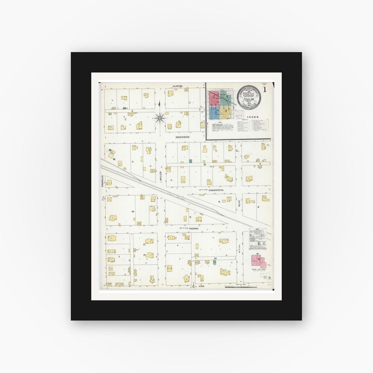Old map wall art mockup — black gallery frame with white mat — Sanborn Fire Insurance Map from Toulon, Stark County, Illinois (1907) - Complete Map Set