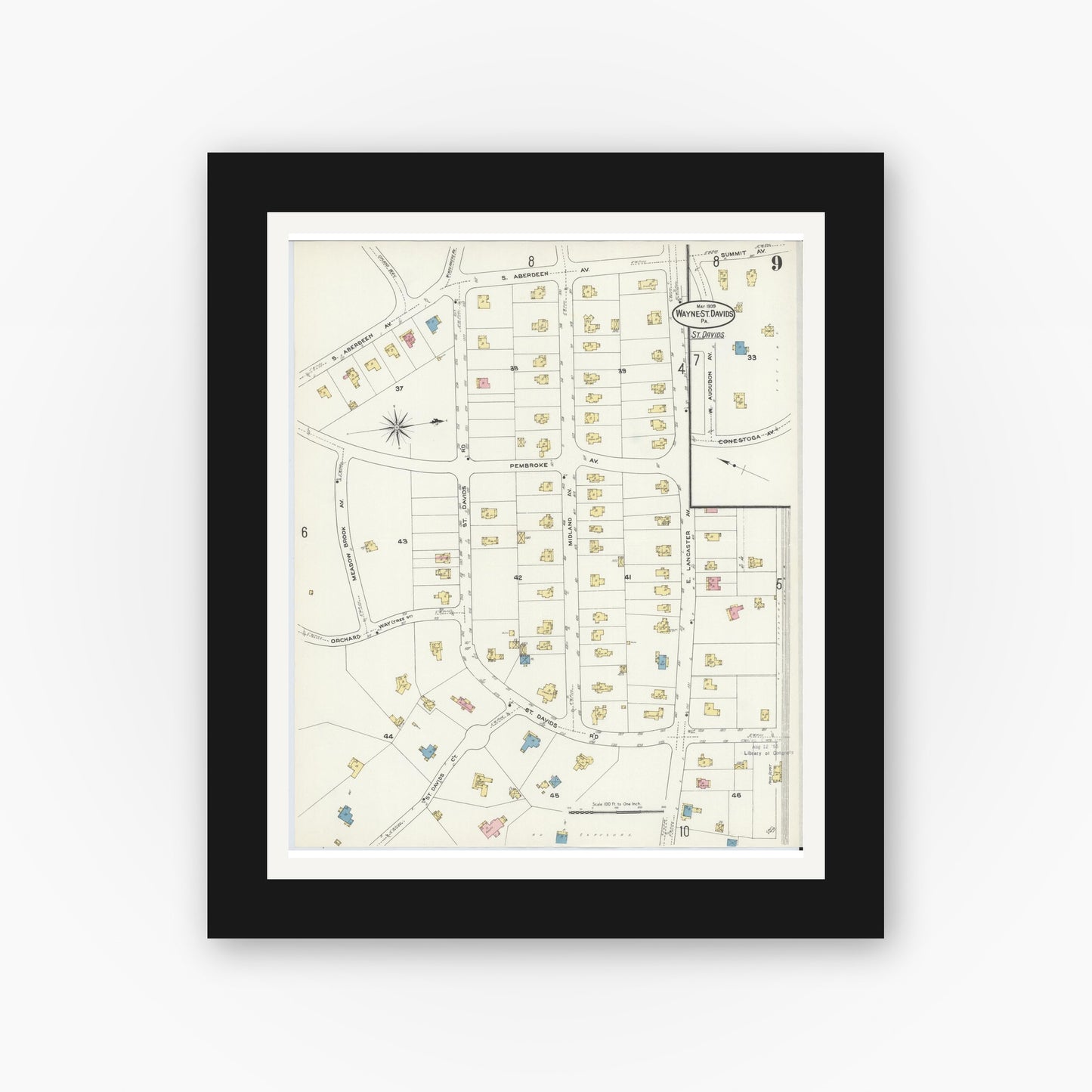 Old map wall art mockup — black gallery frame with white mat — Sanborn Fire Insurance Map from Wayne, Delaware County, Pennsylvania (1909), Sheet #0009