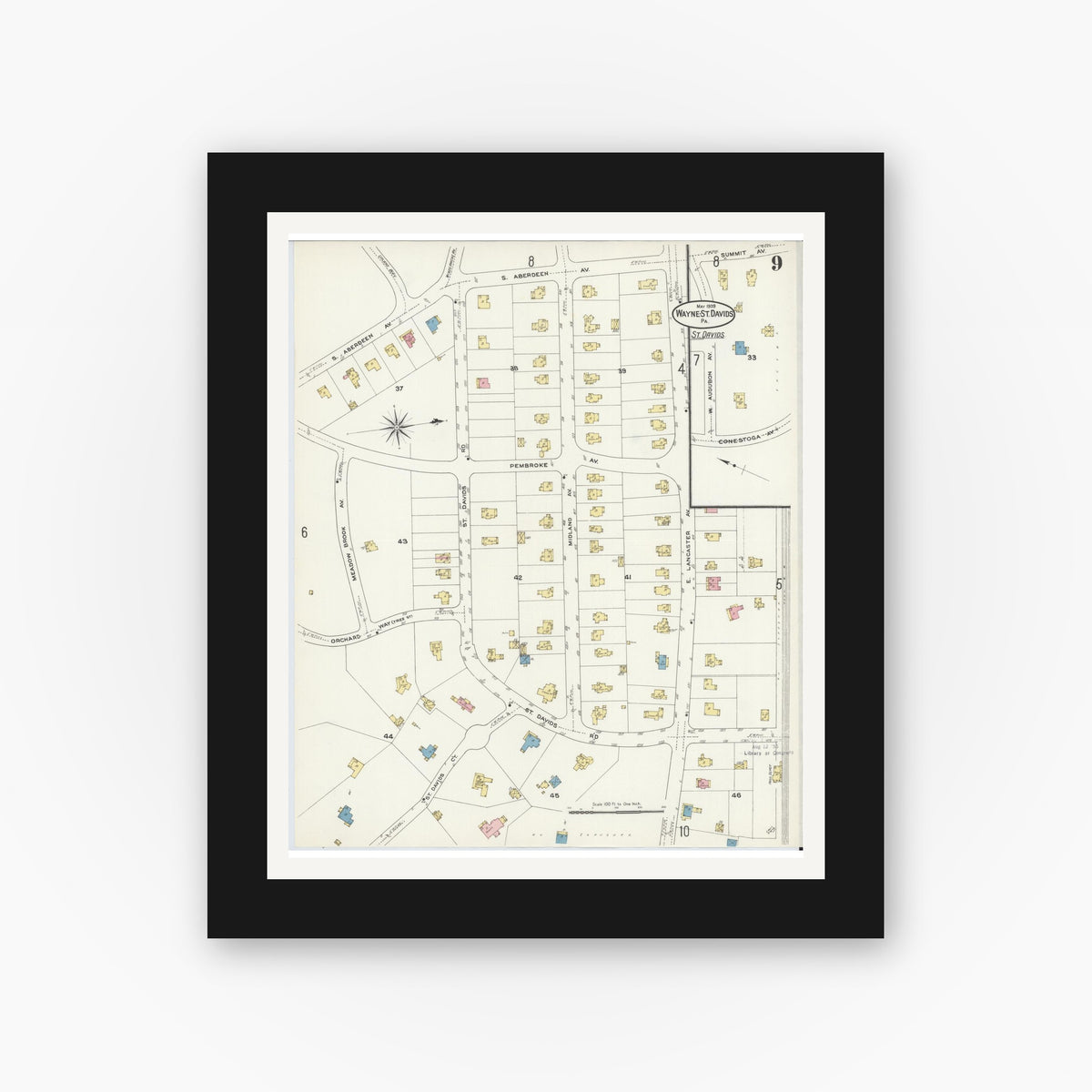 Old map wall art mockup — black gallery frame with white mat — Sanborn Fire Insurance Map from Wayne, Delaware County, Pennsylvania (1909), Sheet #0009