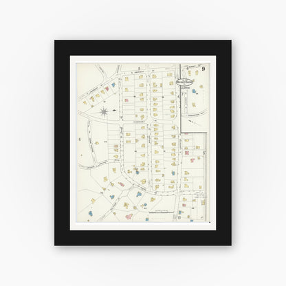 Old map wall art mockup — black gallery frame with white mat — Sanborn Fire Insurance Map from Wayne, Delaware County, Pennsylvania (1909), Sheet #0009