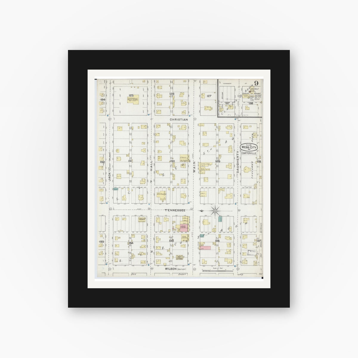 Old map wall art mockup — black gallery frame with white mat — Sanborn Fire Insurance Map from Webb City, Jasper County, Missouri (1891), Sheet #0009