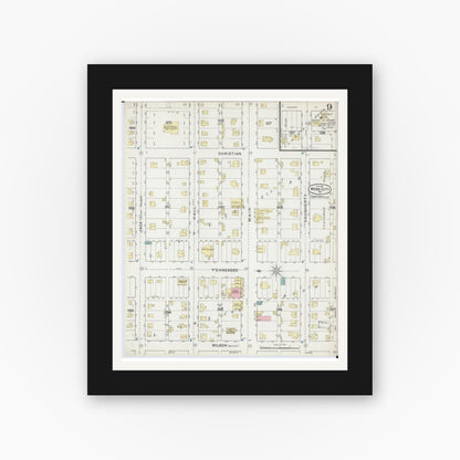 Old map wall art mockup — black gallery frame with white mat — Sanborn Fire Insurance Map from Webb City, Jasper County, Missouri (1891), Sheet #0009