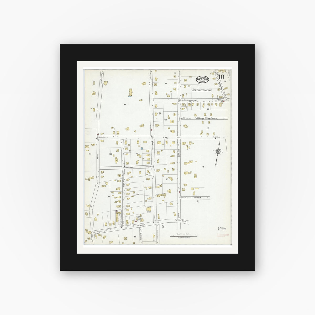 Old map wall art mockup — black gallery frame with white mat — Sanborn Fire Insurance Map from Reading, Middlesex County, Massachusetts (1918), Sheet #0010