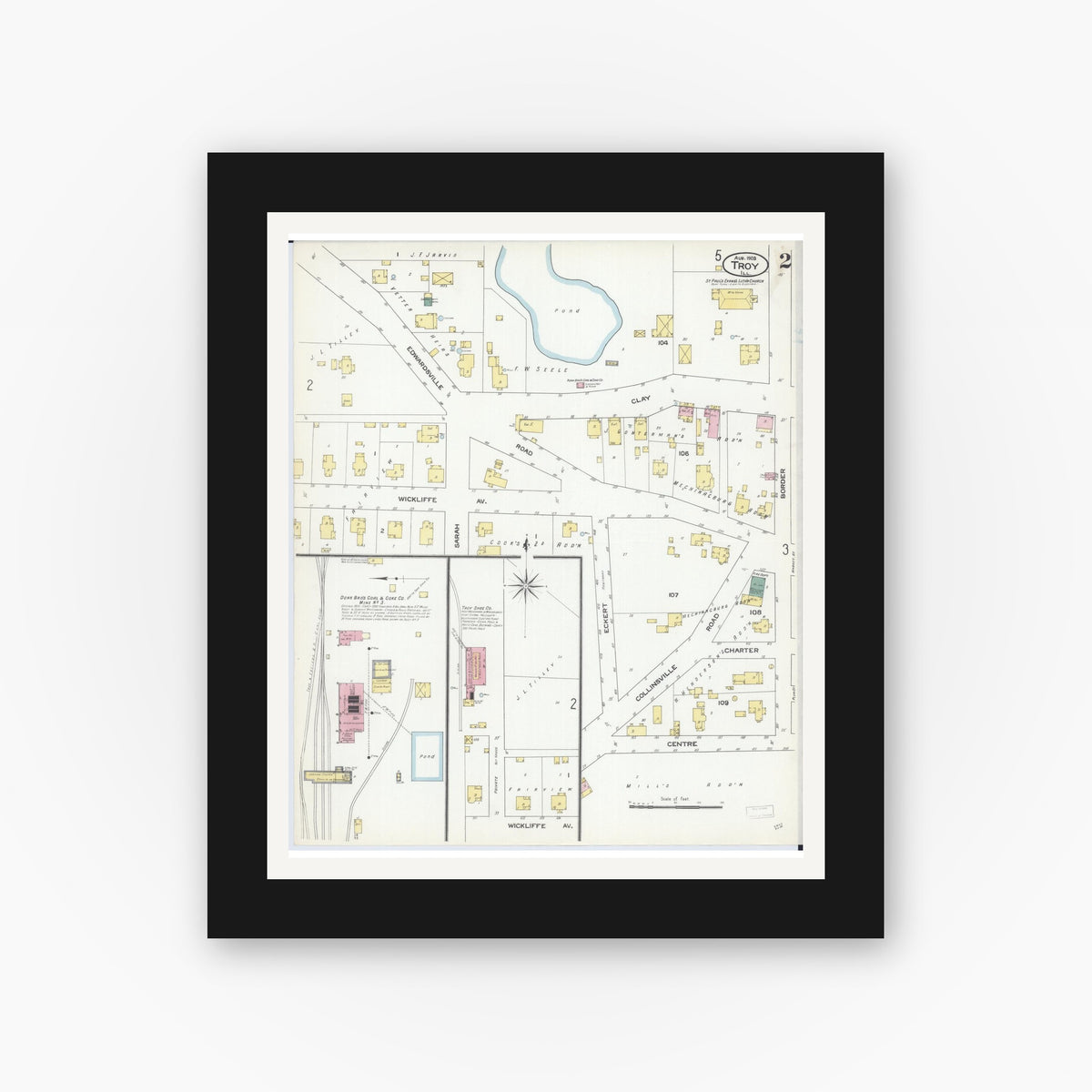 Old map wall art mockup — black gallery frame with white mat — Sanborn Fire Insurance Map from Troy, Madison County, Illinois (1909), Sheet #0002