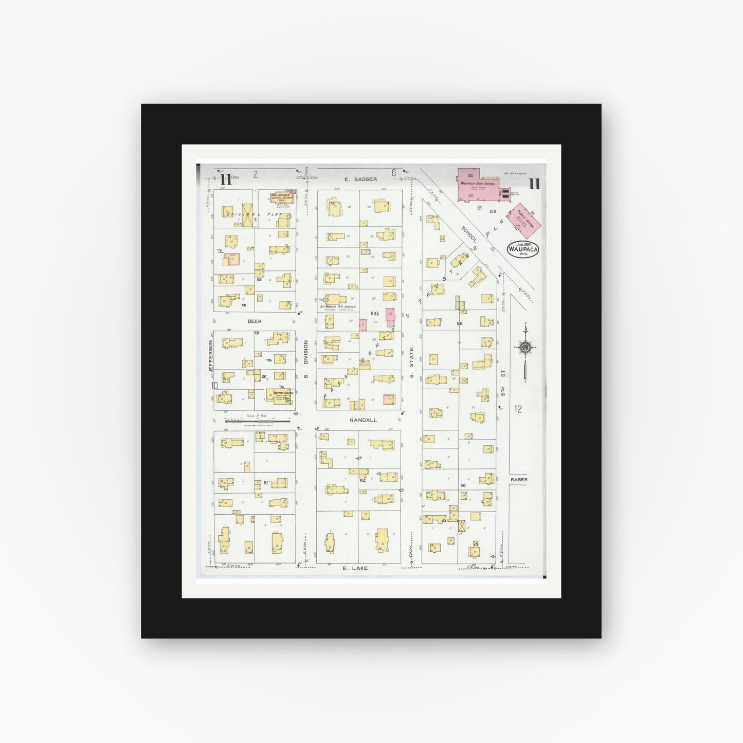 Old map wall art mockup — black gallery frame with white mat — Sanborn Fire Insurance Map from Waupaca, Waupaca County, Wisconsin (1924), Sheet #0011