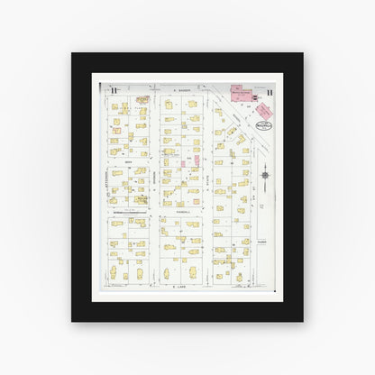 Old map wall art mockup — black gallery frame with white mat — Sanborn Fire Insurance Map from Waupaca, Waupaca County, Wisconsin (1924), Sheet #0011