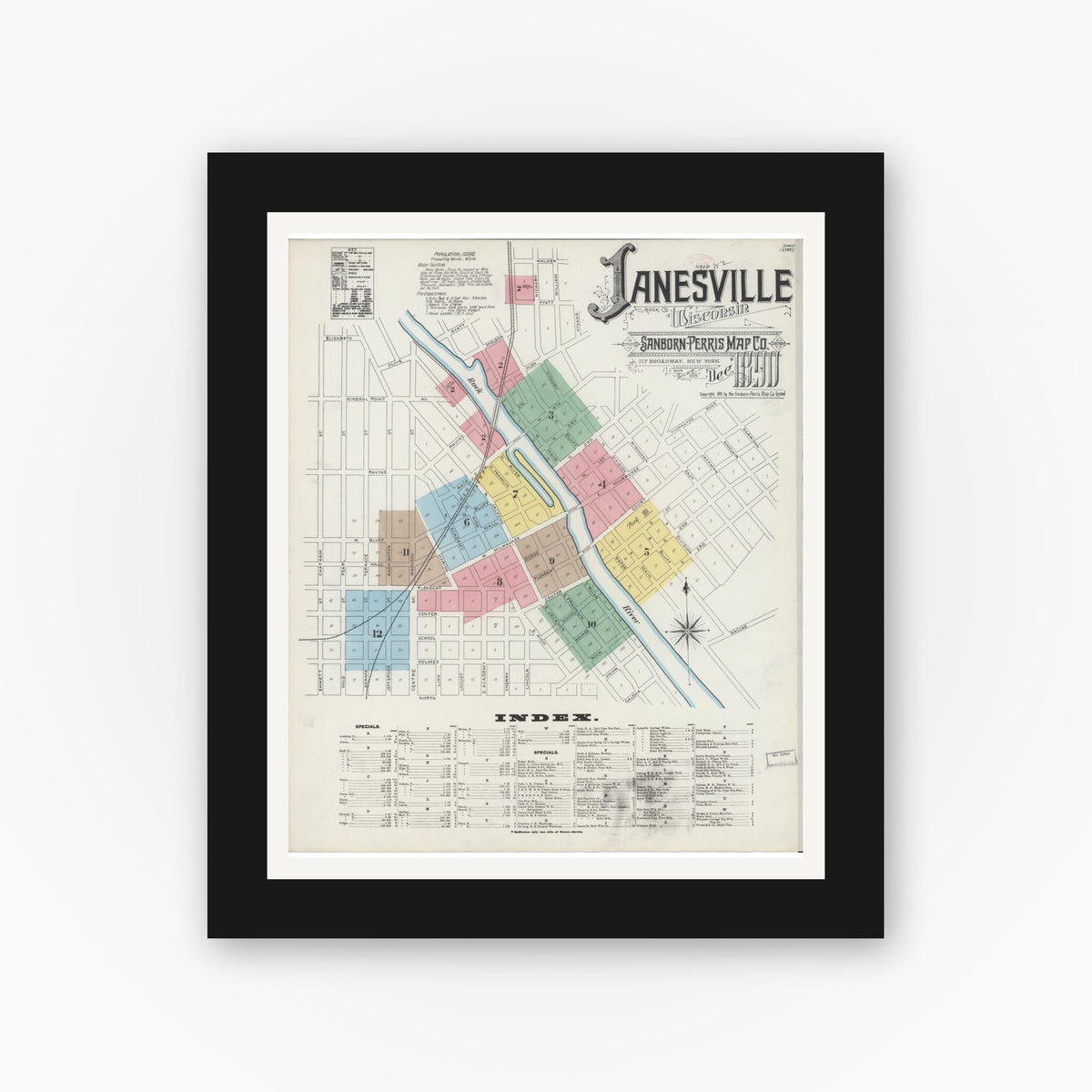 Old map wall art mockup — black gallery frame with white mat — Sanborn Fire Insurance Map from Janesville, Rock County, Wisconsin (1890) - Complete Map Set