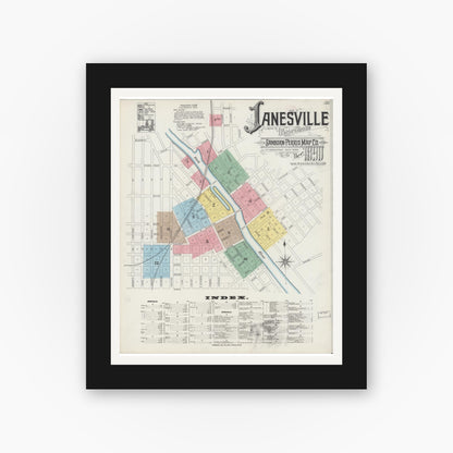 Old map wall art mockup — black gallery frame with white mat — Sanborn Fire Insurance Map from Janesville, Rock County, Wisconsin (1890) - Complete Map Set