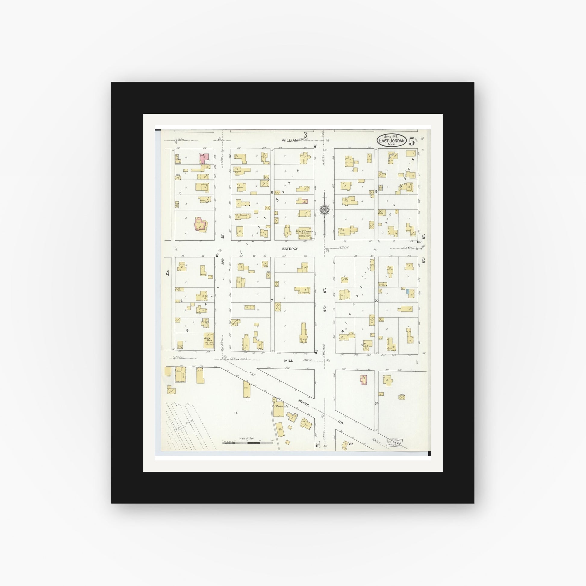 Old map wall art mockup — black gallery frame with white mat — Sanborn Fire Insurance Map from East Jordan, Charlevoix County, Michigan (1912), Sheet #0005