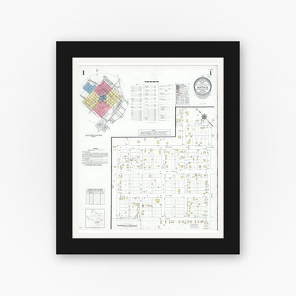 Old map wall art mockup — black gallery frame with white mat — Sanborn Fire Insurance Map from Mathis, San Patricio County, Texas (1950), Sheet #0001