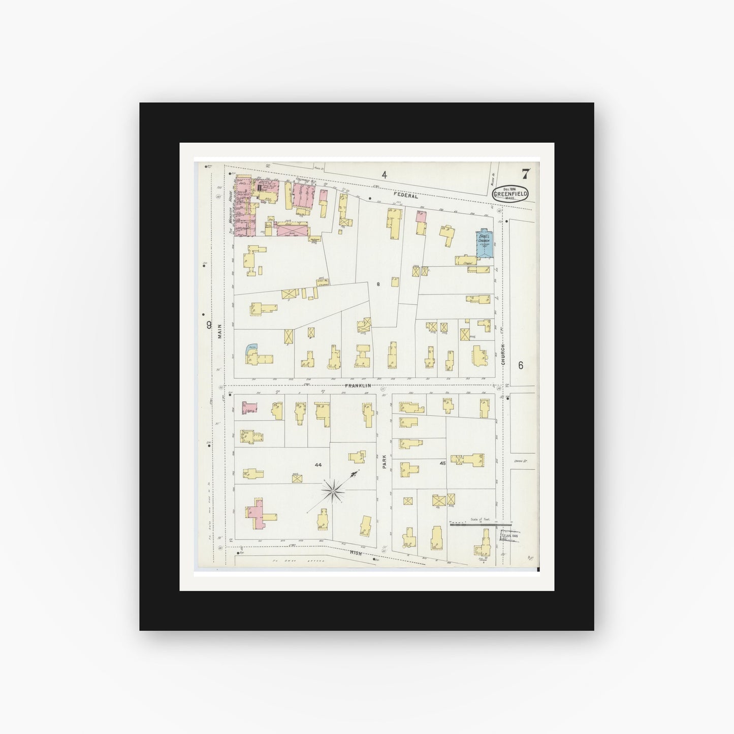 Old map wall art mockup — black gallery frame with white mat — Sanborn Fire Insurance Map from Greenfield, Franklin County, Massachusetts (1896), Sheet #0007