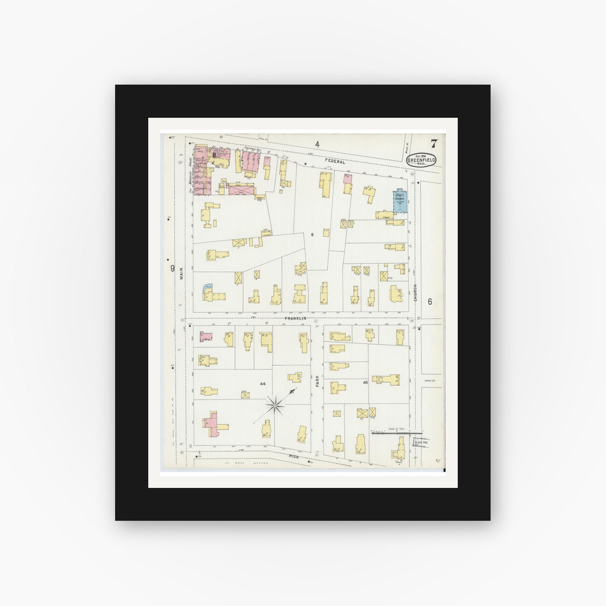 Old map wall art mockup — black gallery frame with white mat — Sanborn Fire Insurance Map from Greenfield, Franklin County, Massachusetts (1896), Sheet #0007