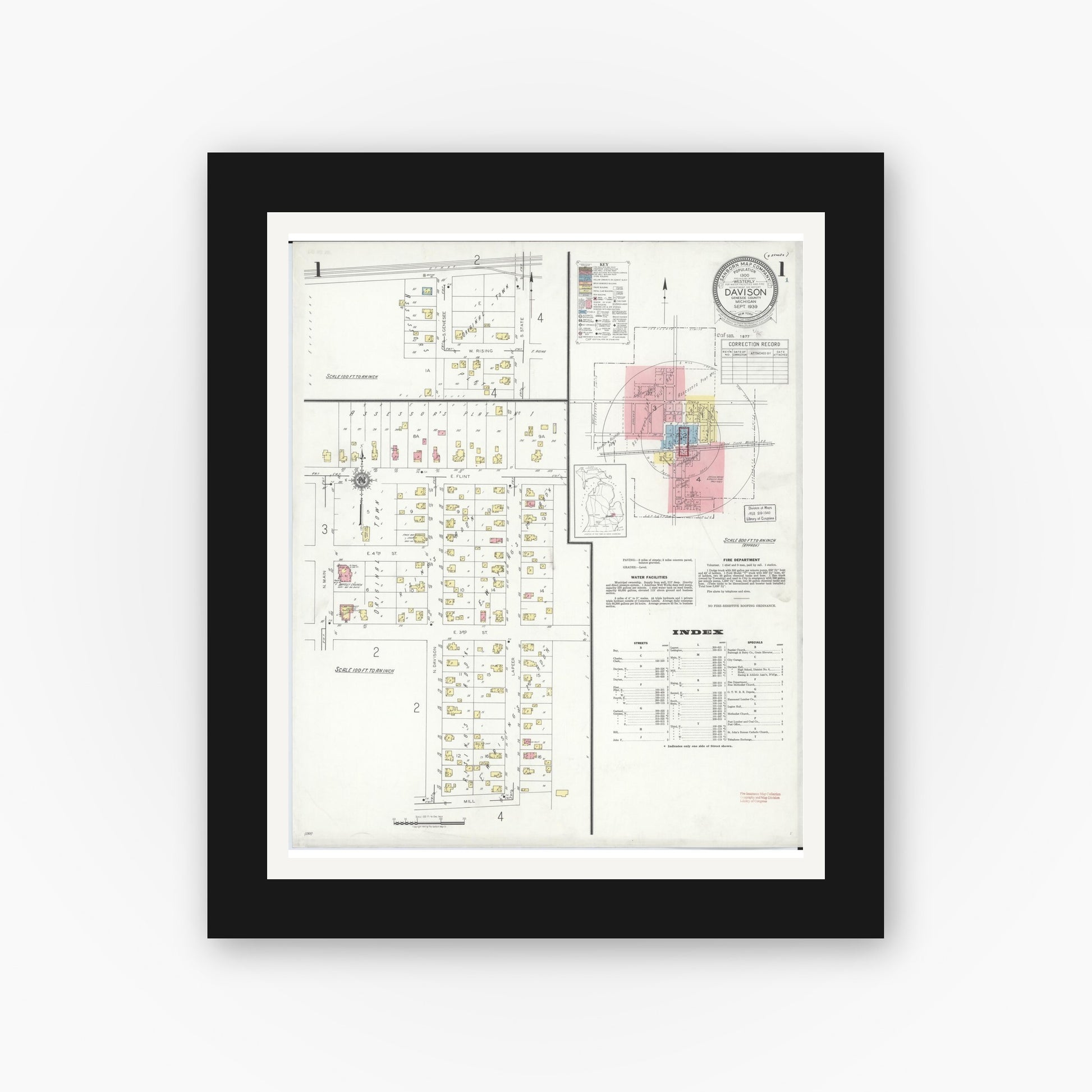 Old map wall art mockup — black gallery frame with white mat — Sanborn Fire Insurance Map from Davison, Genesee County, Michigan (1939), Sheet #0001