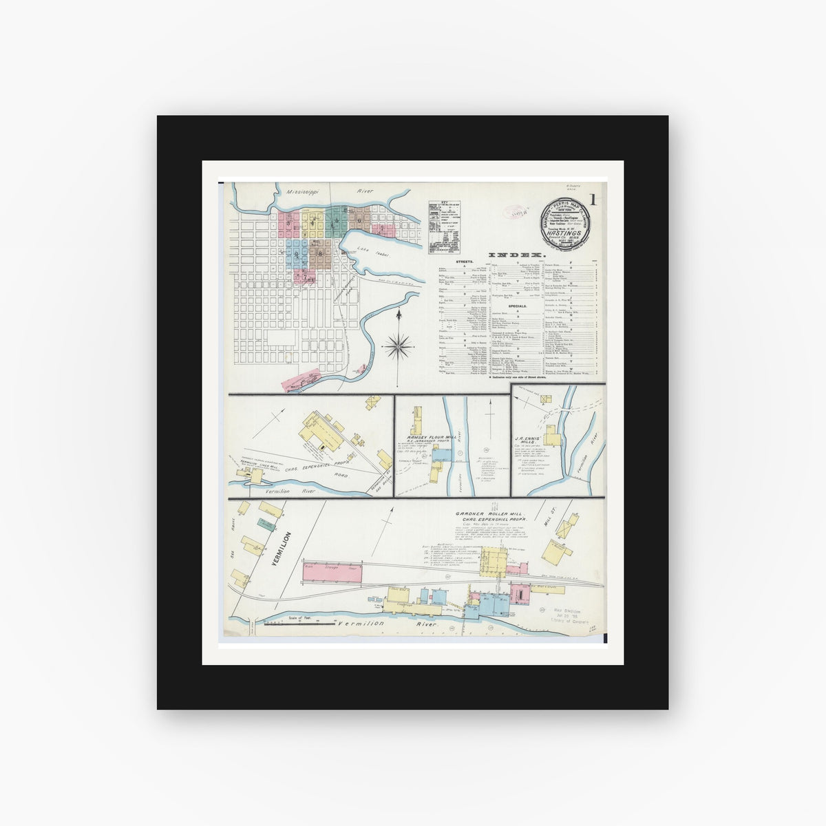 Old map wall art mockup — black gallery frame with white mat — Sanborn Fire Insurance Map from Hastings, Dakota County, Minnesota (1891) - Complete Map Set