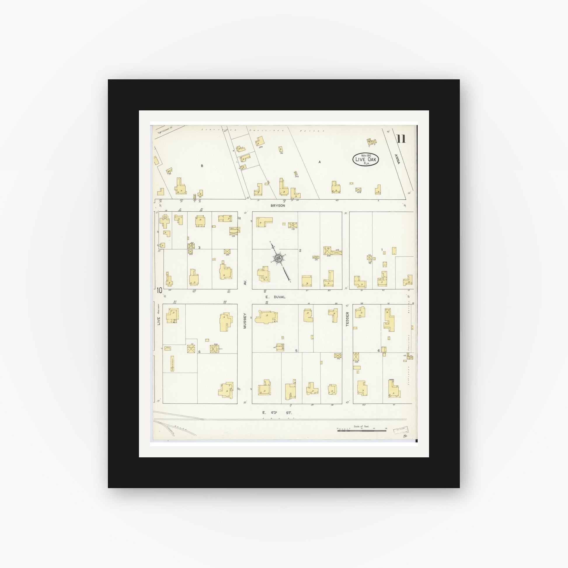 Old map wall art mockup — black gallery frame with white mat — Sanborn Fire Insurance Map from Live Oak, Suwanee County, Florida (1912), Sheet #0011