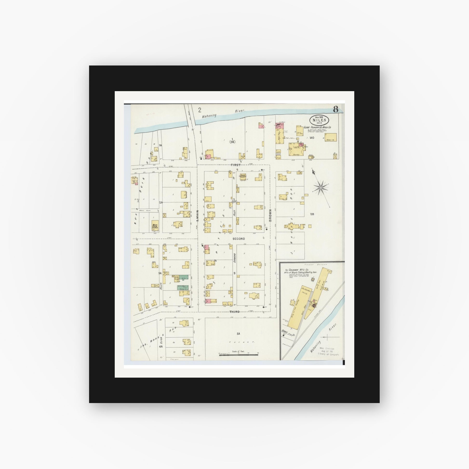 Old map wall art mockup — black gallery frame with white mat — Sanborn Fire Insurance Map from Niles, Trumbull County, Ohio (1898), Sheet #0008