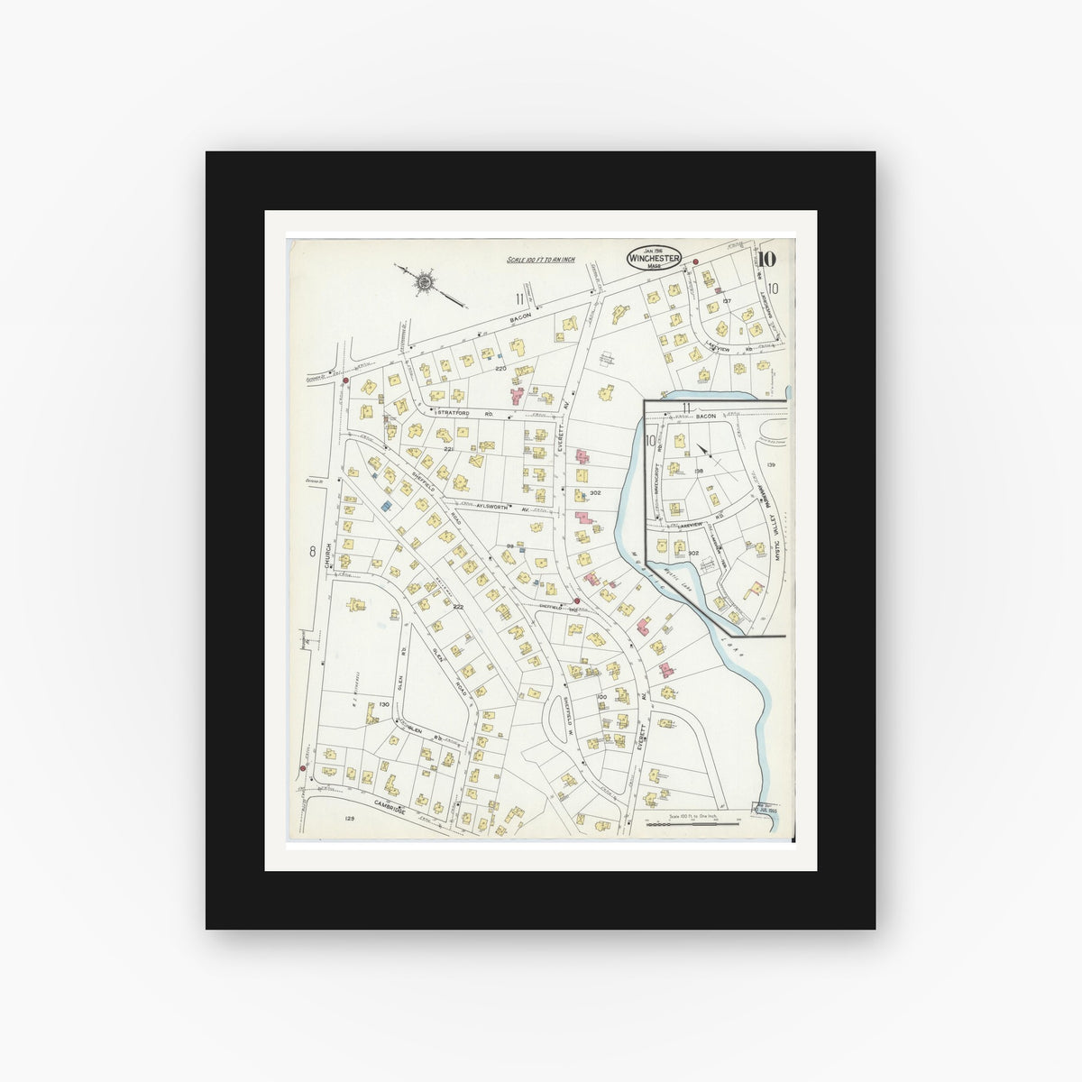 Old map wall art mockup — black gallery frame with white mat — Sanborn Fire Insurance Map from Winchester, Middlesex County, Massachusetts (1916), Sheet #0010