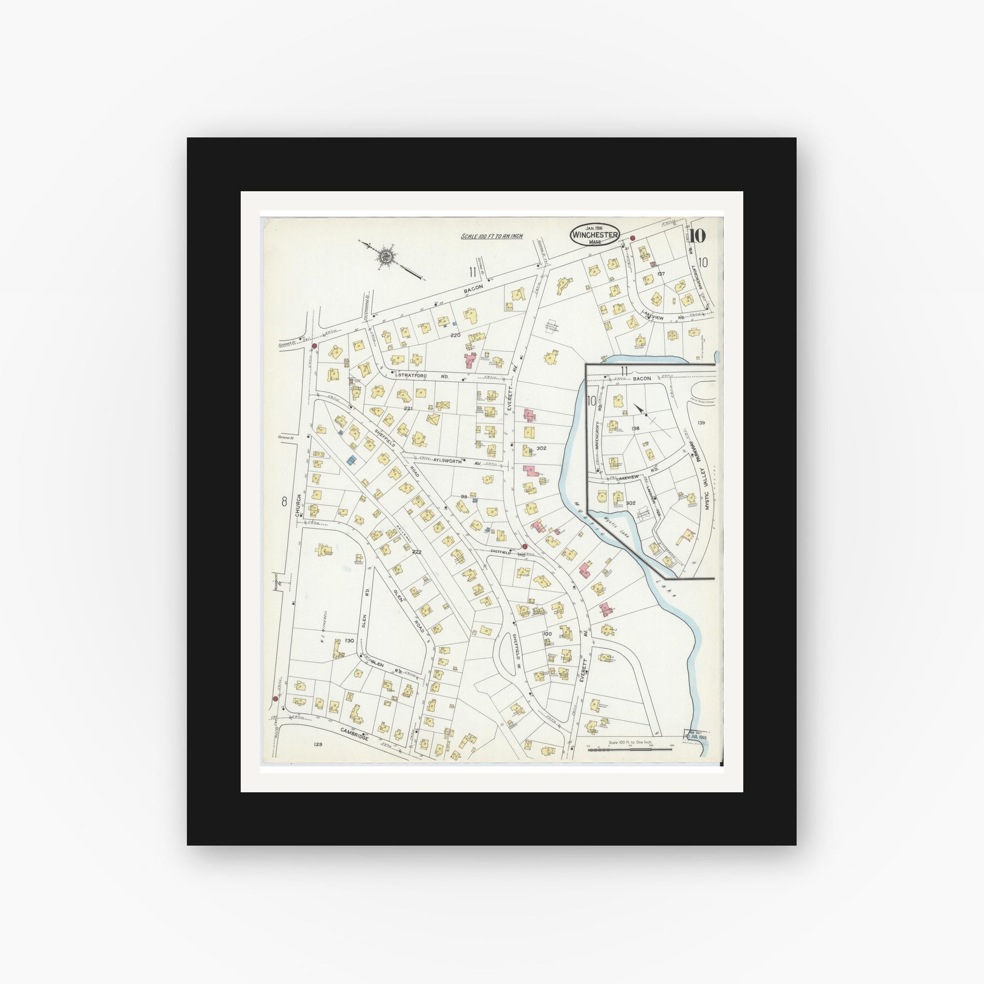 Old map wall art mockup — black gallery frame with white mat — Sanborn Fire Insurance Map from Winchester, Middlesex County, Massachusetts (1916), Sheet #0010