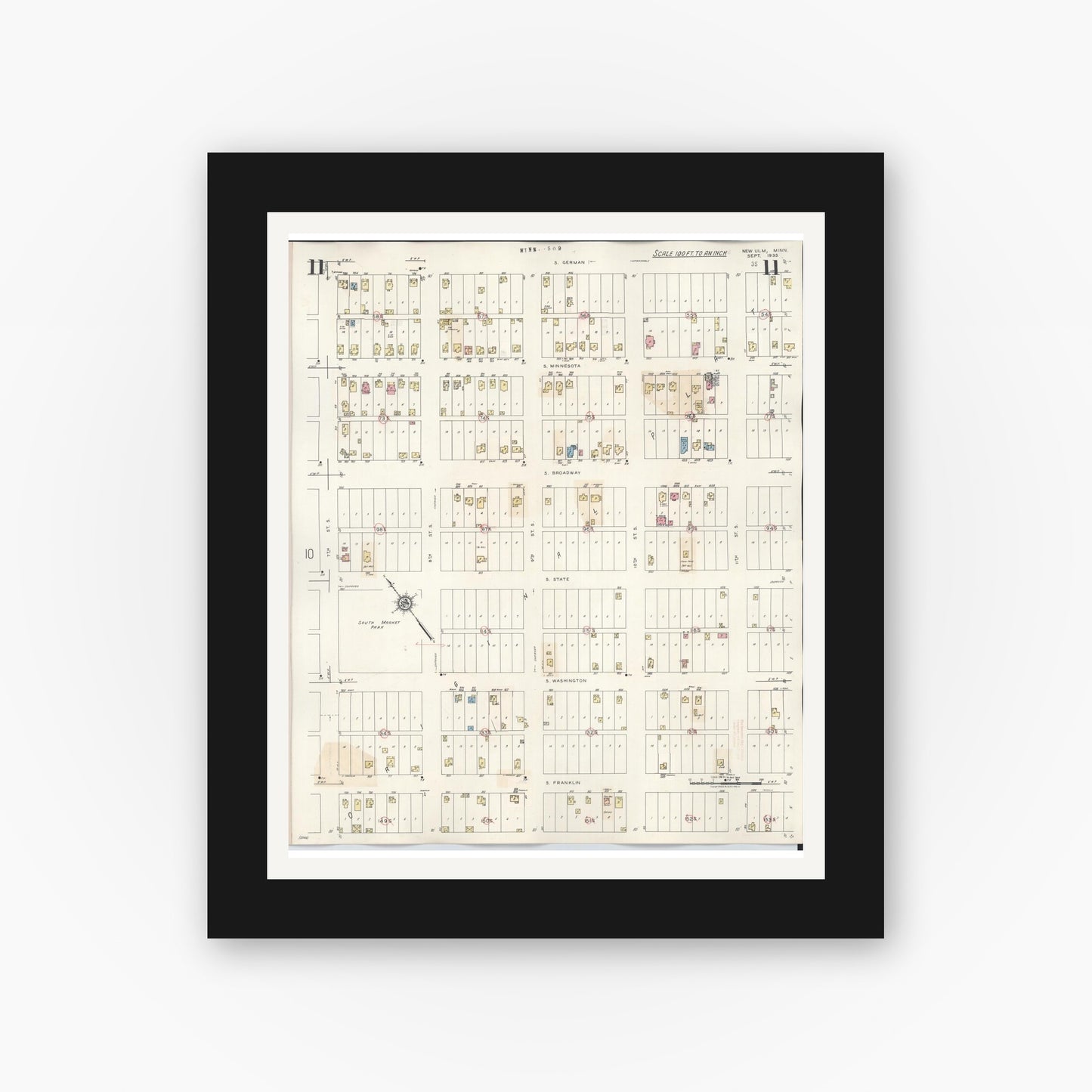 Old map wall art mockup — black gallery frame with white mat — Sanborn Fire Insurance Map from New Ulm, Brown County, Minnesota (1946), Sheet #0011