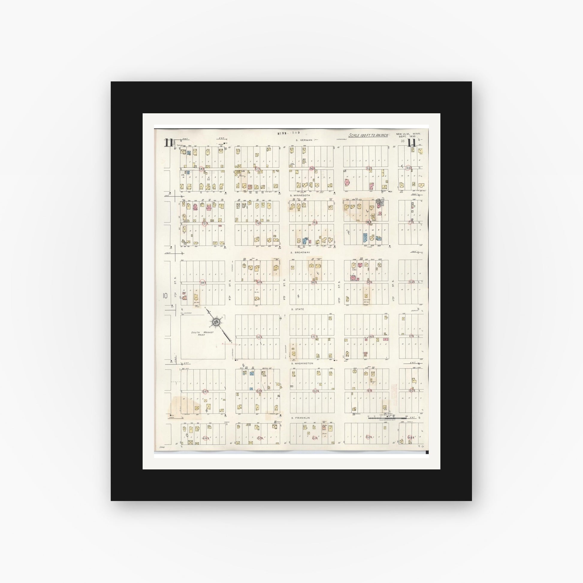 Old map wall art mockup — black gallery frame with white mat — Sanborn Fire Insurance Map from New Ulm, Brown County, Minnesota (1946), Sheet #0011