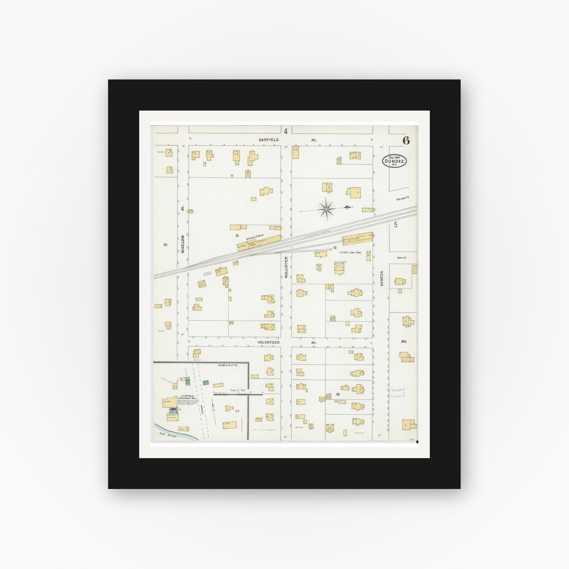 Old map wall art mockup — black gallery frame with white mat — Sanborn Fire Insurance Map from Dundee, Yates County, New York (1904), Sheet #0006