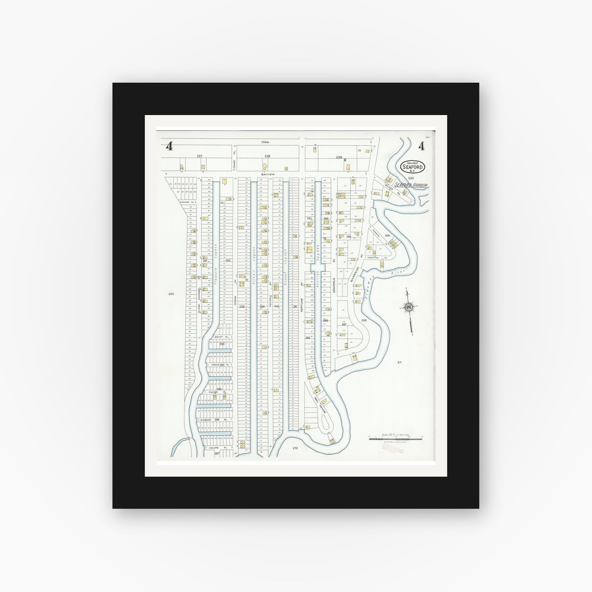 Old map wall art mockup — black gallery frame with white mat — Sanborn Fire Insurance Map from Seaford, Nassau County, New York (1927), Sheet #0004
