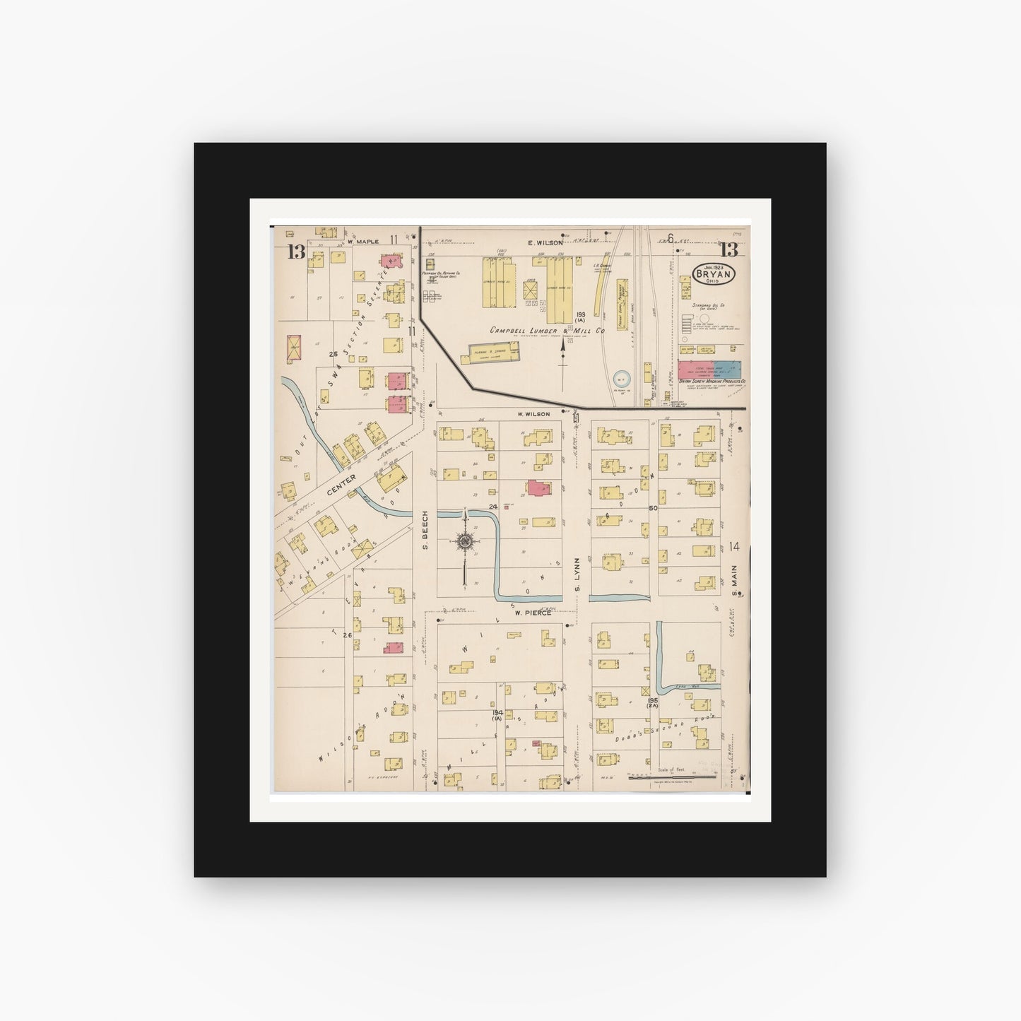 Old map wall art mockup — black gallery frame with white mat — Sanborn Fire Insurance Map from Bryan, Williams County, Ohio (1923), Sheet #0013