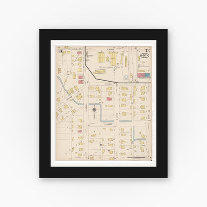 Old map wall art mockup — black gallery frame with white mat — Sanborn Fire Insurance Map from Bryan, Williams County, Ohio (1923), Sheet #0013
