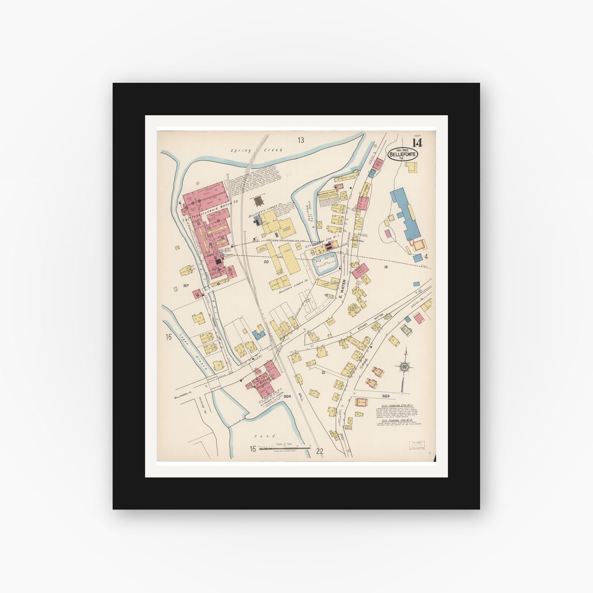 Old map wall art mockup — black gallery frame with white mat — Sanborn Fire Insurance Map from Bellefonte, Centre County, Pennsylvania (1922), Sheet #0014