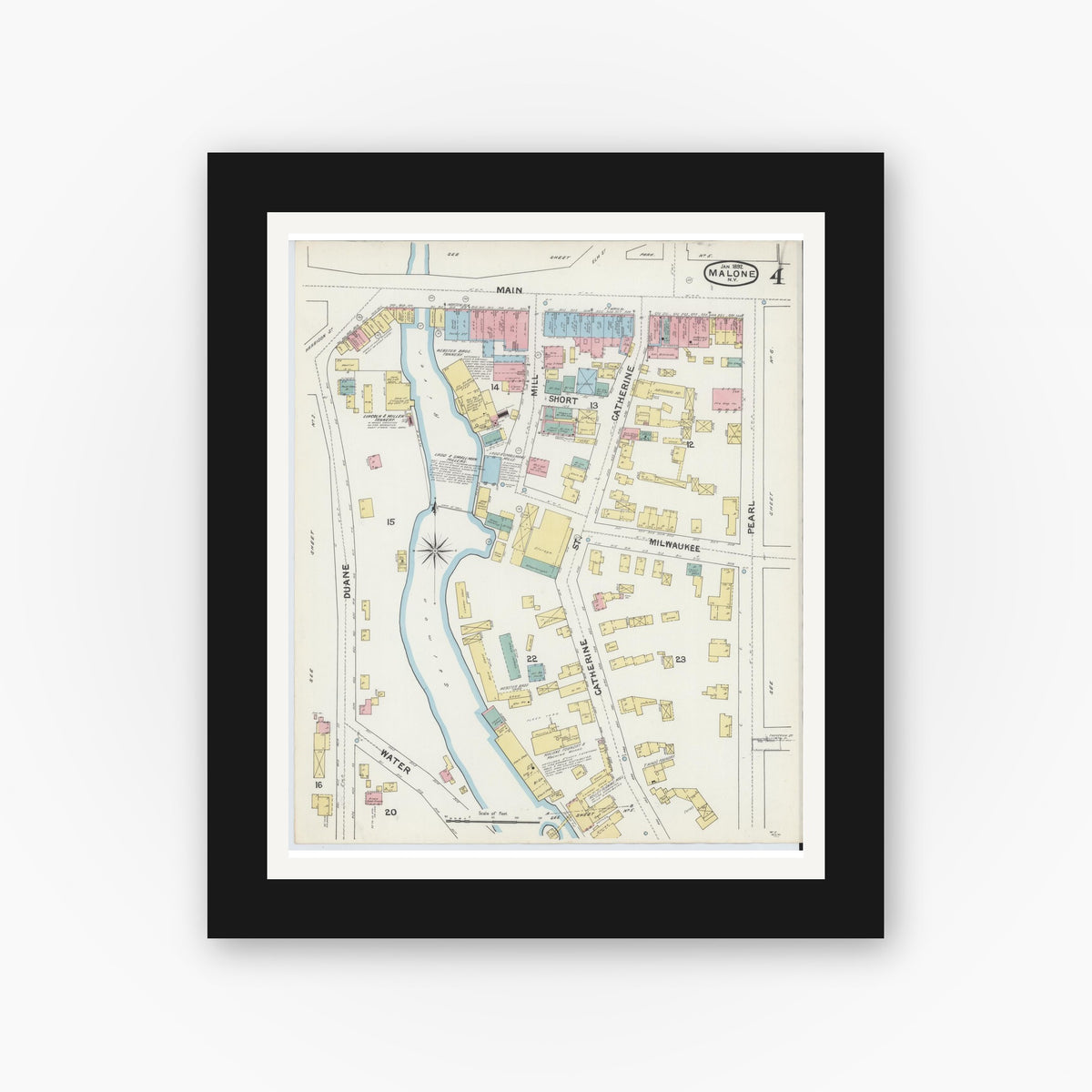 Old map wall art mockup — black gallery frame with white mat — Sanborn Fire Insurance Map from Malone, Franklin County, New York (1892), Sheet #0004