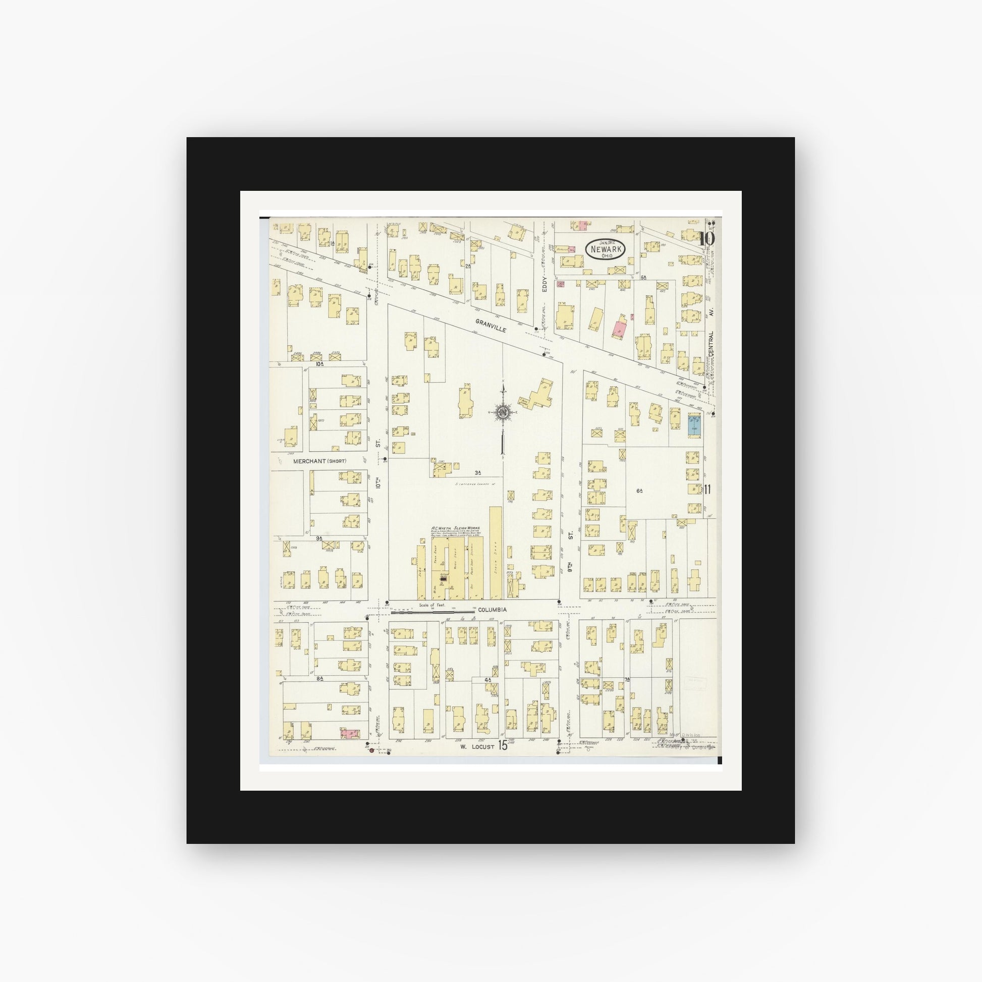 Old map wall art mockup — black gallery frame with white mat — Sanborn Fire Insurance Map from Newark, Licking County, Ohio (1912), Sheet #0010