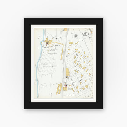 Old map wall art mockup — black gallery frame with white mat — Sanborn Fire Insurance Map from Rhinelander, Oneida County, Wisconsin (1900), Sheet #0014