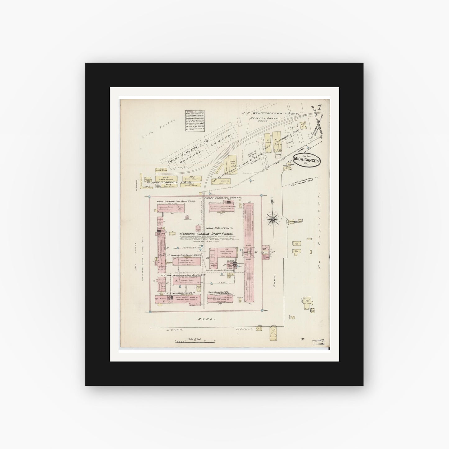 Old map wall art mockup — black gallery frame with white mat — Sanborn Fire Insurance Map from Michigan City, La Porte  County, Indiana (1884), Sheet #0007