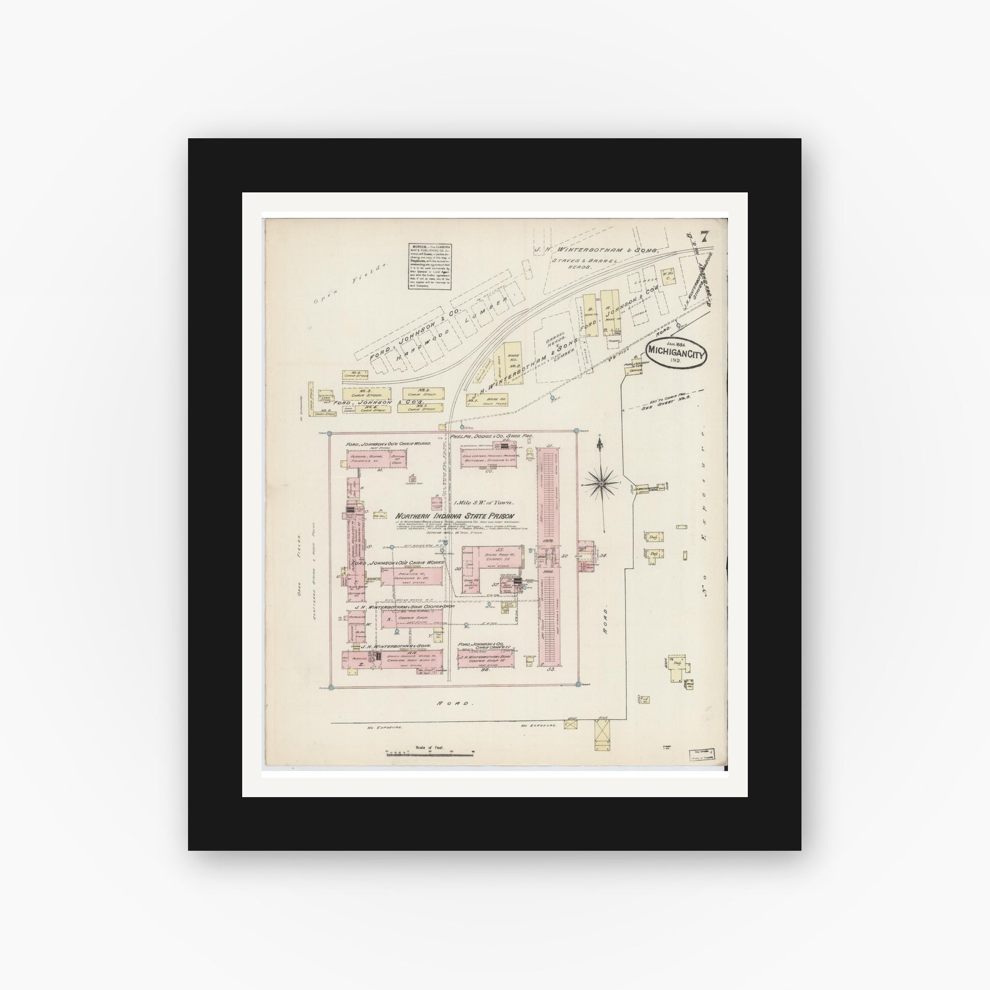 Old map wall art mockup — black gallery frame with white mat — Sanborn Fire Insurance Map from Michigan City, La Porte  County, Indiana (1884), Sheet #0007