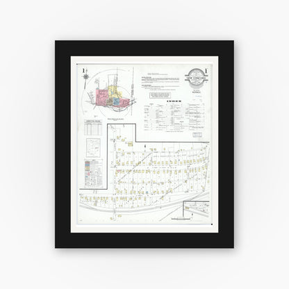 Old map wall art mockup — black gallery frame with white mat — Sanborn Fire Insurance Map from New Concord, Muskingum County, Ohio (1946), Sheet #0001