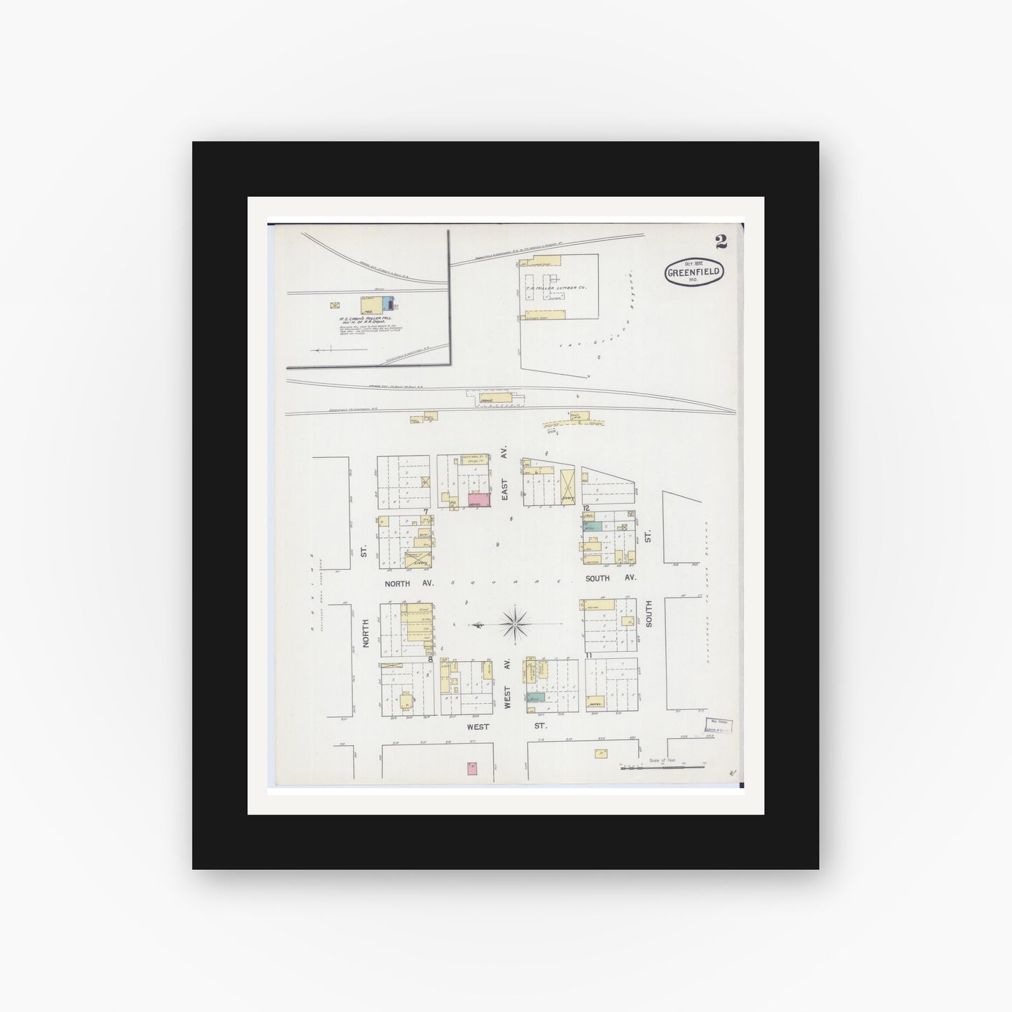 Old map wall art mockup — black gallery frame with white mat — Sanborn Fire Insurance Map from Greenfield, Dade County, Missouri (1892), Sheet #0002