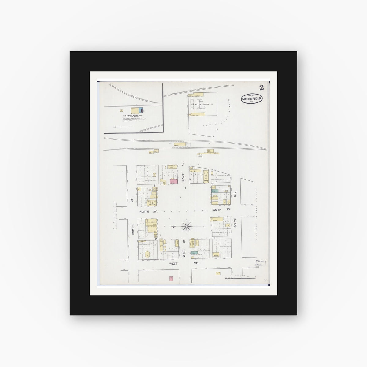 Old map wall art mockup — black gallery frame with white mat — Sanborn Fire Insurance Map from Greenfield, Dade County, Missouri (1892), Sheet #0002