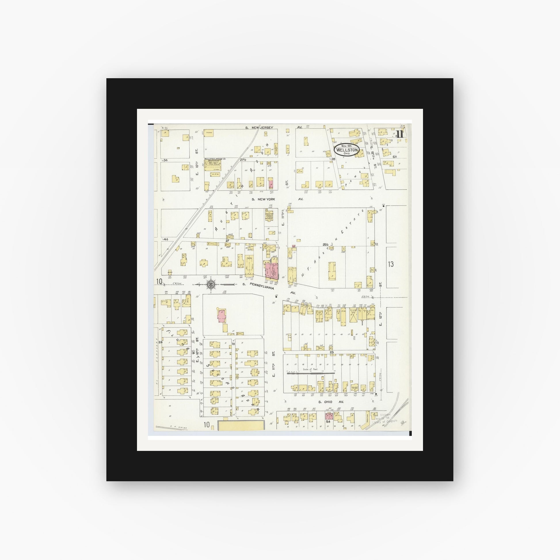 Old map wall art mockup — black gallery frame with white mat — Sanborn Fire Insurance Map from Wellston, Jackson County, Ohio (1911), Sheet #0011