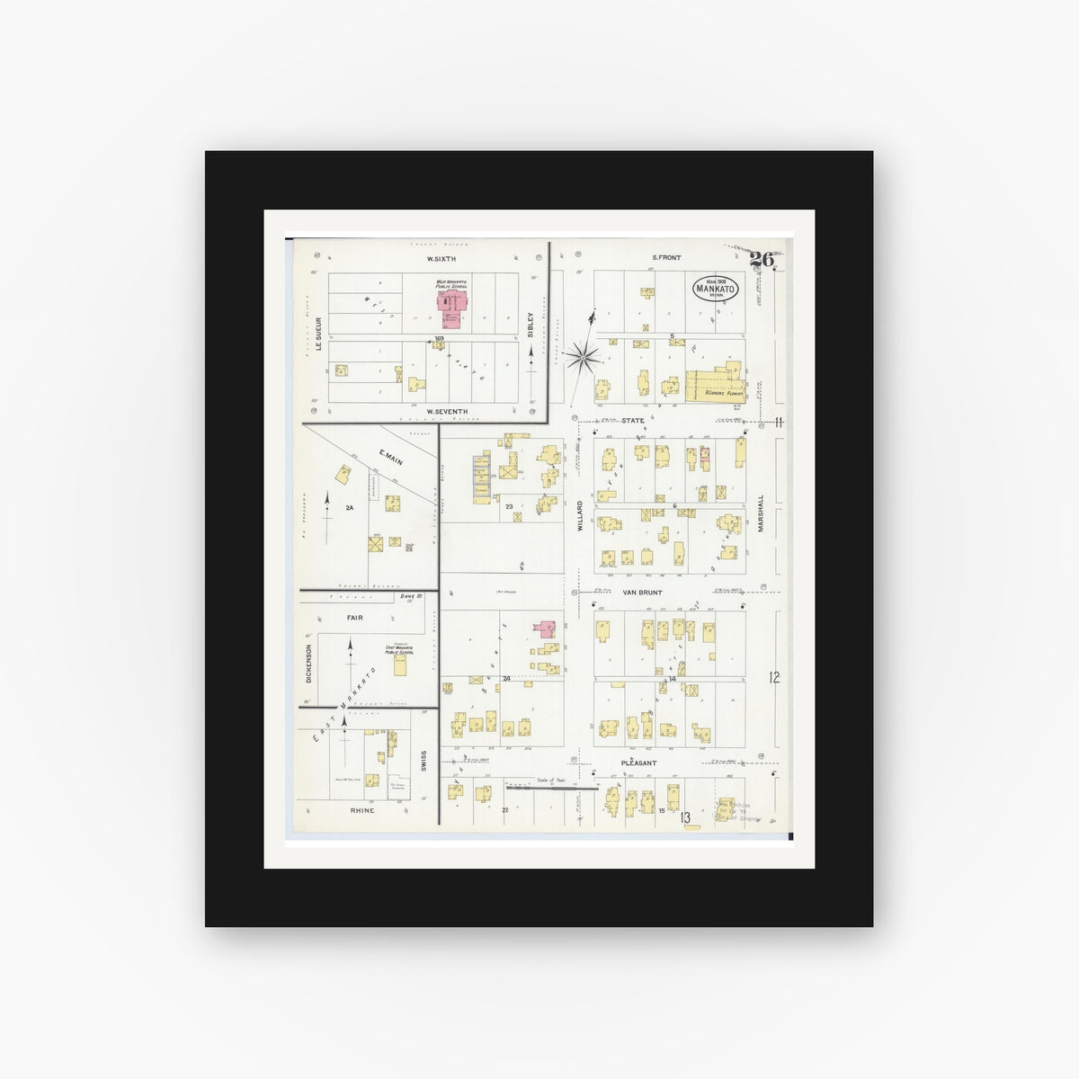 Old map wall art mockup — black gallery frame with white mat — Sanborn Fire Insurance Map from Mankato, Blue Earth County, Minnesota (1908), Sheet #0026