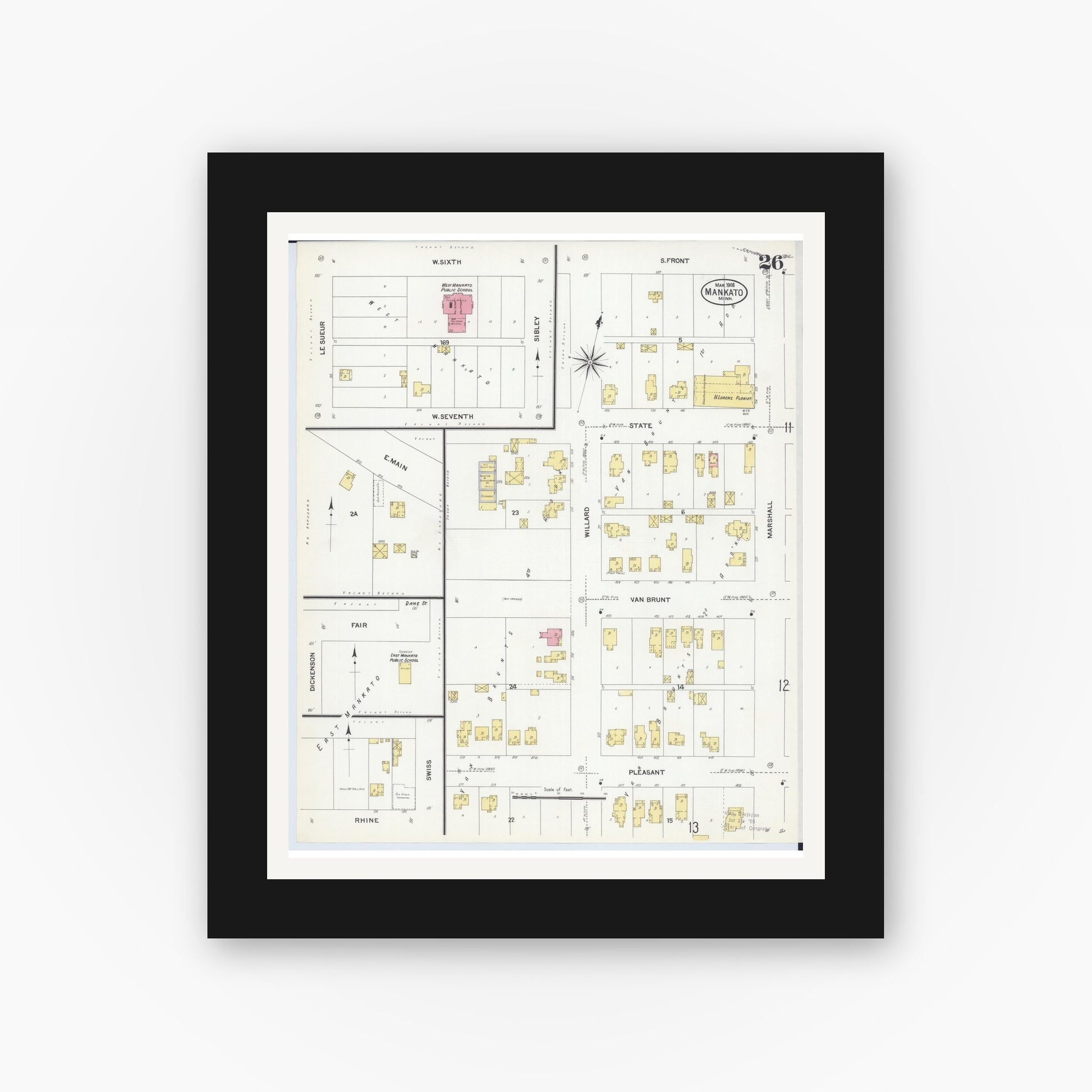 Old map wall art mockup — black gallery frame with white mat — Sanborn Fire Insurance Map from Mankato, Blue Earth County, Minnesota (1908), Sheet #0026