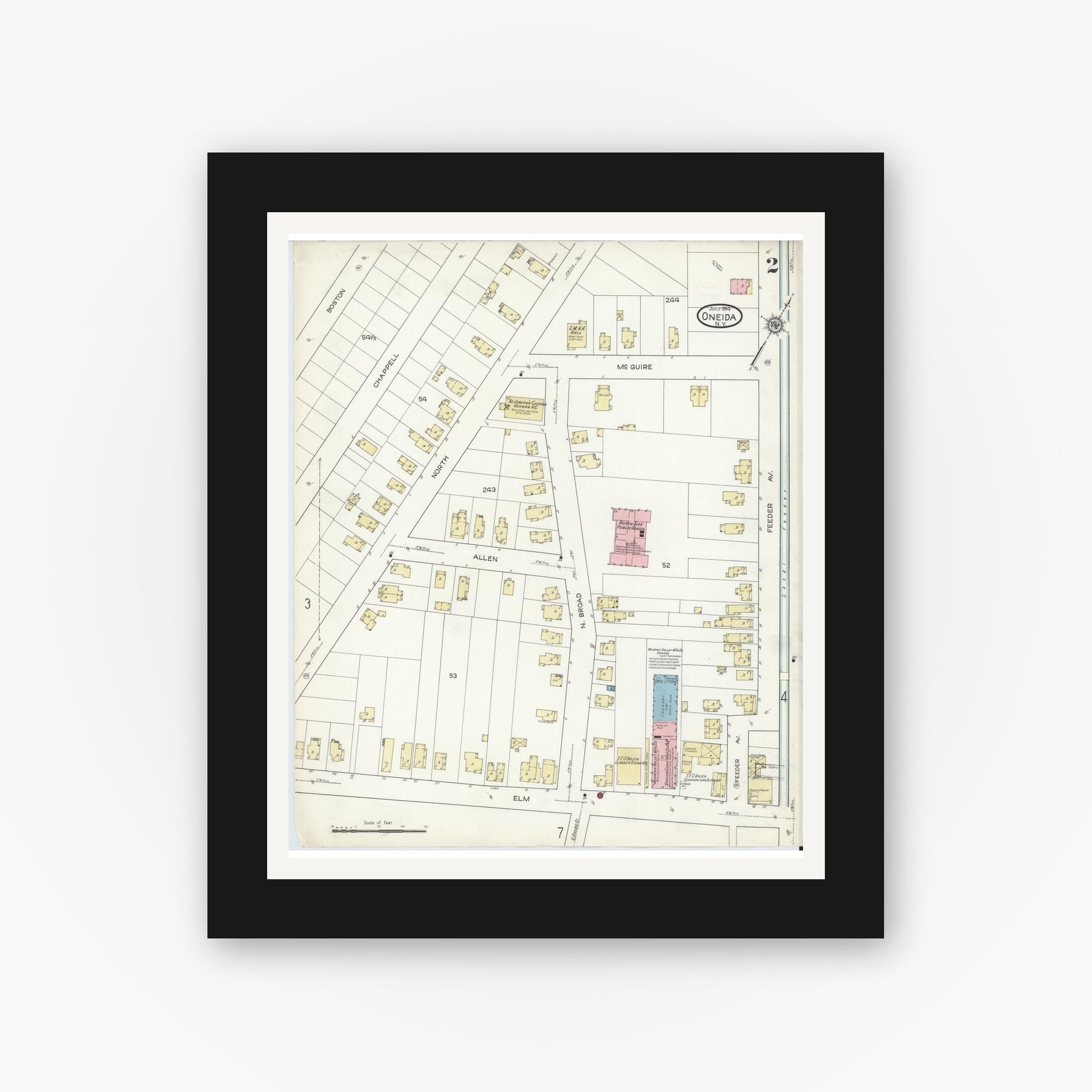 Old map wall art mockup — black gallery frame with white mat — Sanborn Fire Insurance Map from Oneida, Madison County, New York (1914) - Complete Map Set